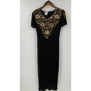 Stenay Vintage black and gold sequin 100% silk long cocktail dress size 10